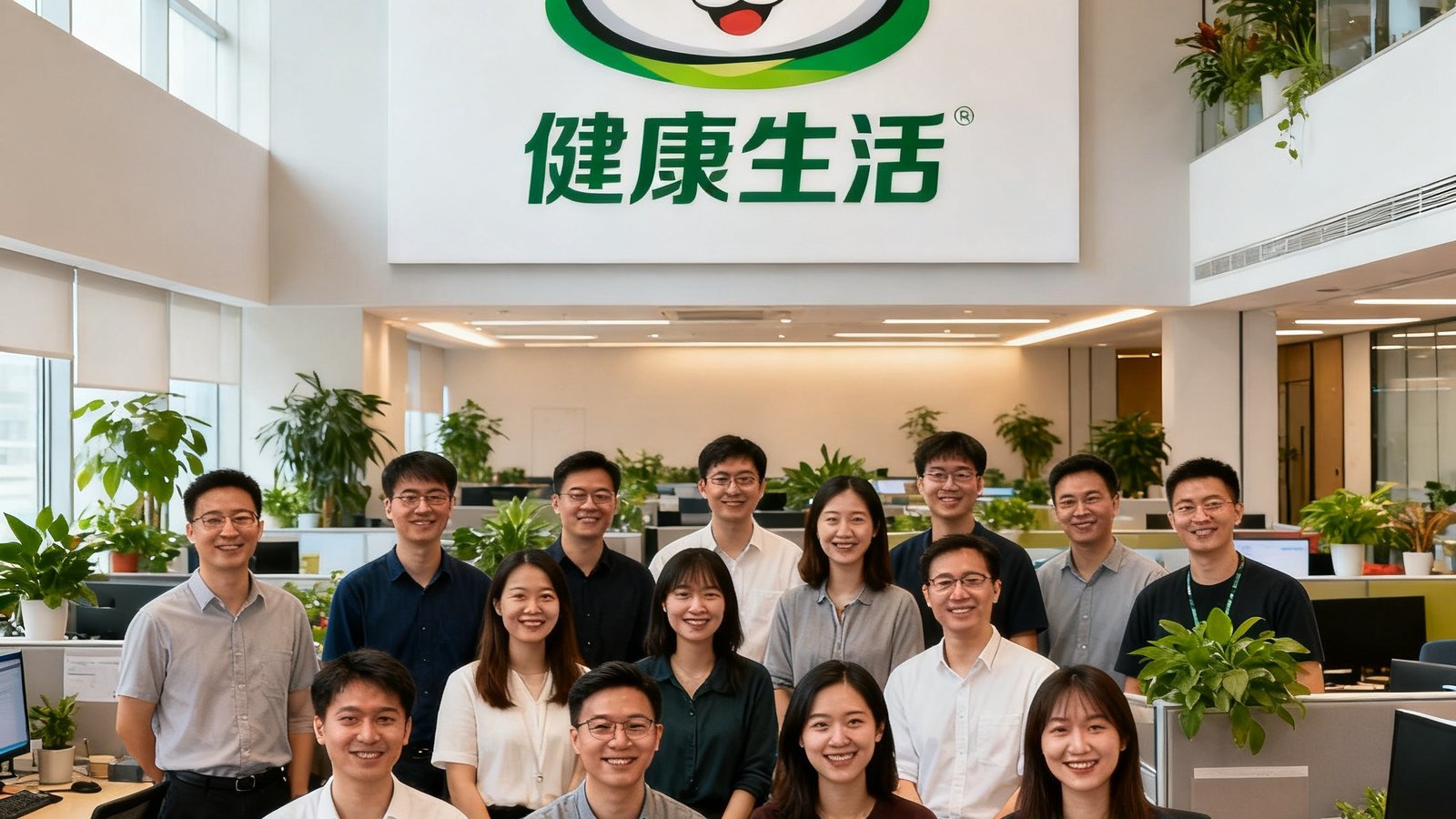 熊猫体育成都总部团队合影，二十余位成员在开放式办公区微笑面对镜头，背景墙上挂着巨大的熊猫品牌标志和健康生活标语