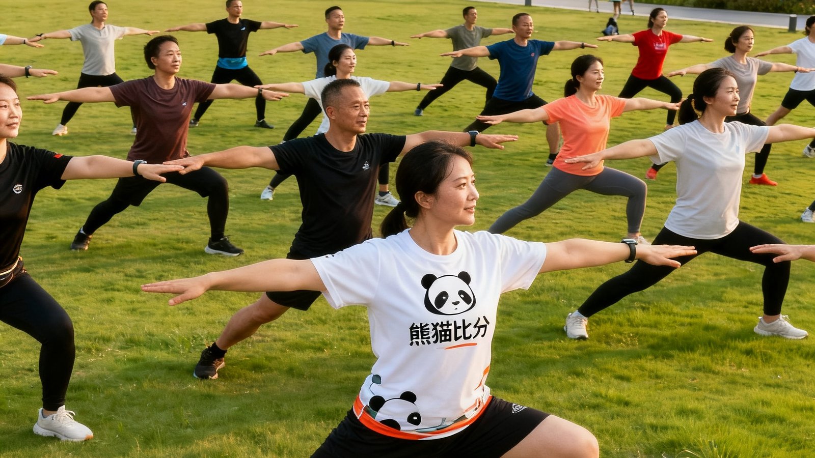 熊猫比分线下用户聚会合影，近百人在成都东安湖公园草坪上做集体拉伸动作，气氛欢乐