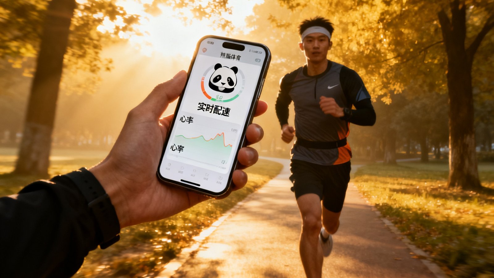一位身穿运动装备的跑者在清晨公园小径上使用熊猫体育应用记录跑步数据，手机屏幕显示实时配速和心率，背景是金色晨光穿透树叶