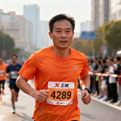 王涛的训练照片，一位42岁的马拉松爱好者在比赛中途，身穿橙色参赛服和号码布，背景是城市赛道和围观人群